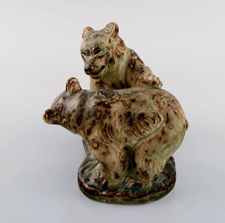 Scandinavian Modern Knud Kyhn for Royal Copenhagen, Stoneware Figure # 21915, Playful Bear Cubs