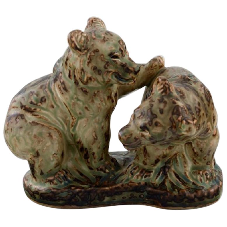 Knud Kyhn for Royal Copenhagen, Stoneware Figure # 21915, Playful Bear Cubs