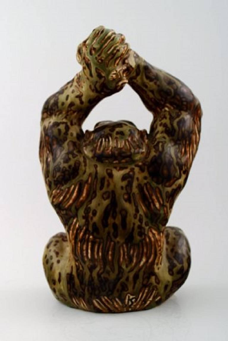 Scandinavian Modern Knud Kyhn for Royal Copenhagen, Stoneware Figure, Monkey, Sung Glaze