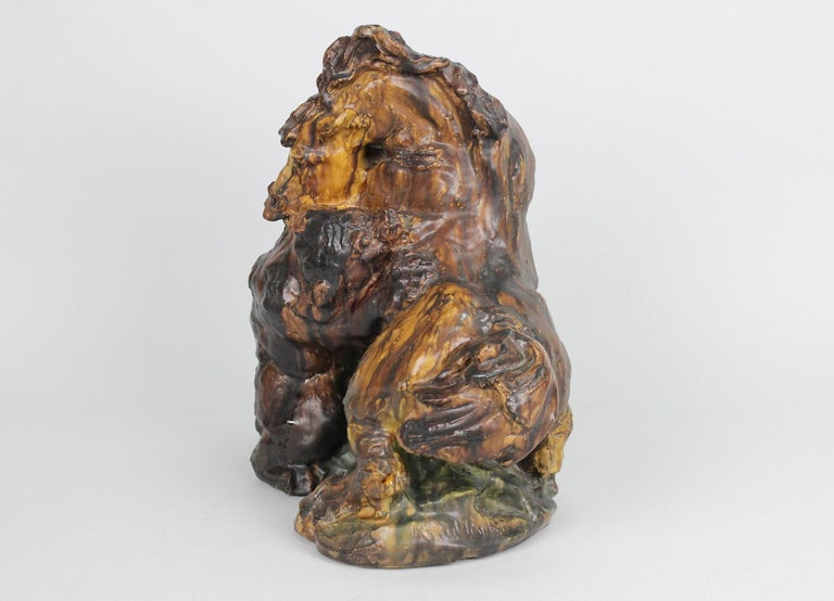 This is one of Knud Kyhn's early masterpieces. This piece is unique and is the only one made!
Depicting a bear and a horse in a desperate struggle for life.
The sculpture has a beautiful multicolored glaze with dark and light brown, yellow, green,