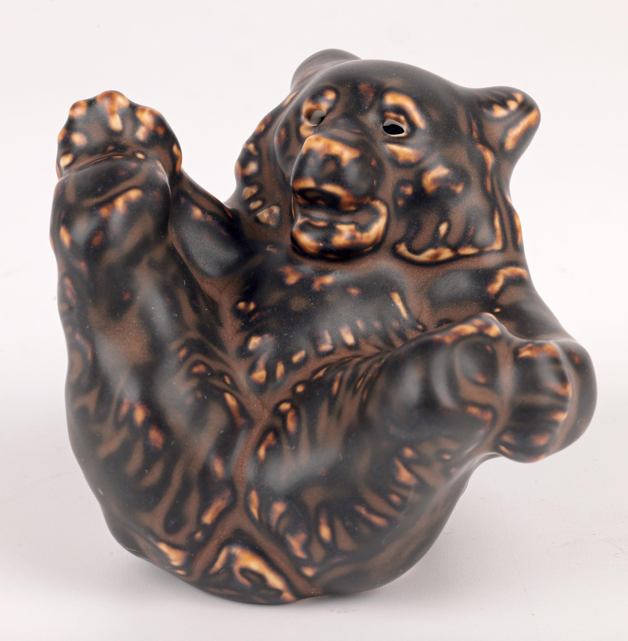 Mid-Century Modern Knud Kyhn Royal Copenhagen Porcelain Lying Brown Glazed Bear For Sale