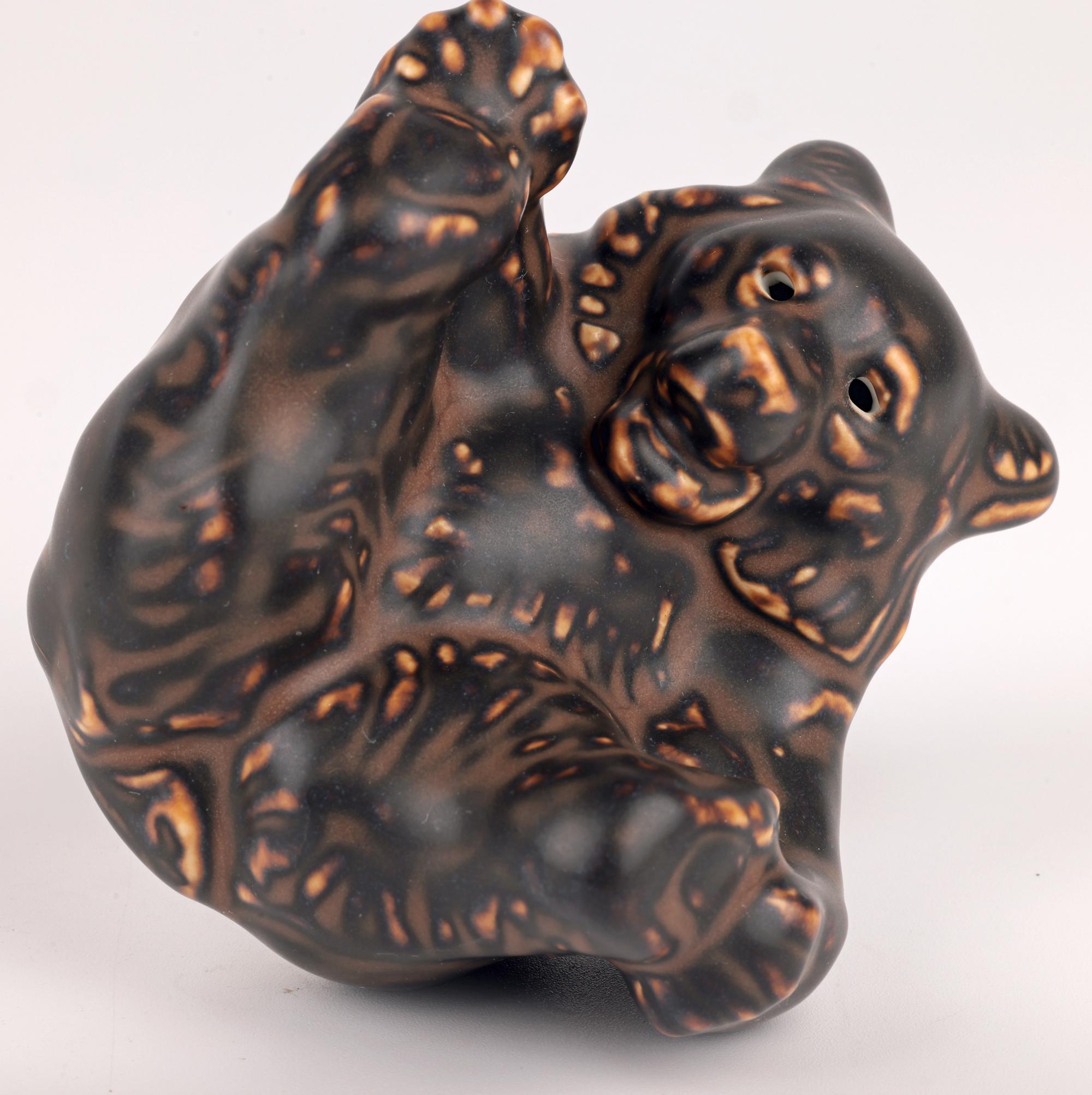 Knud Kyhn Royal Copenhagen Porcelain Lying Brown Glazed Bear In Good Condition For Sale In Bishop's Stortford, Hertfordshire
