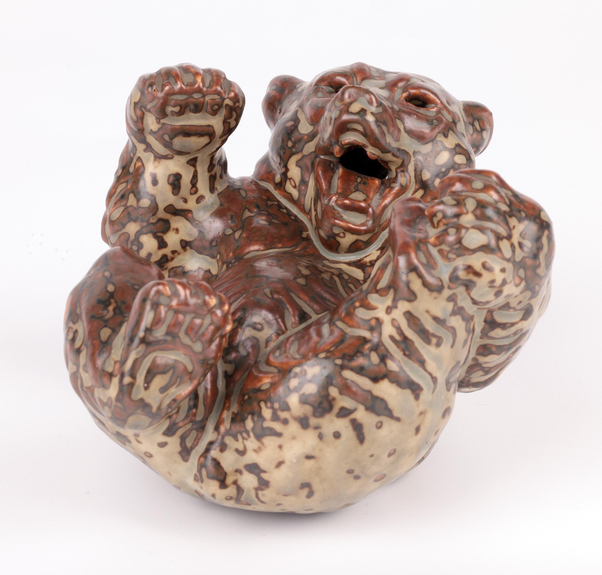 Mid-Century Modern Knud Kyhn Royal Copenhagen Porcelain Lying Large Sung An Glazed Bear (Ours) en vente