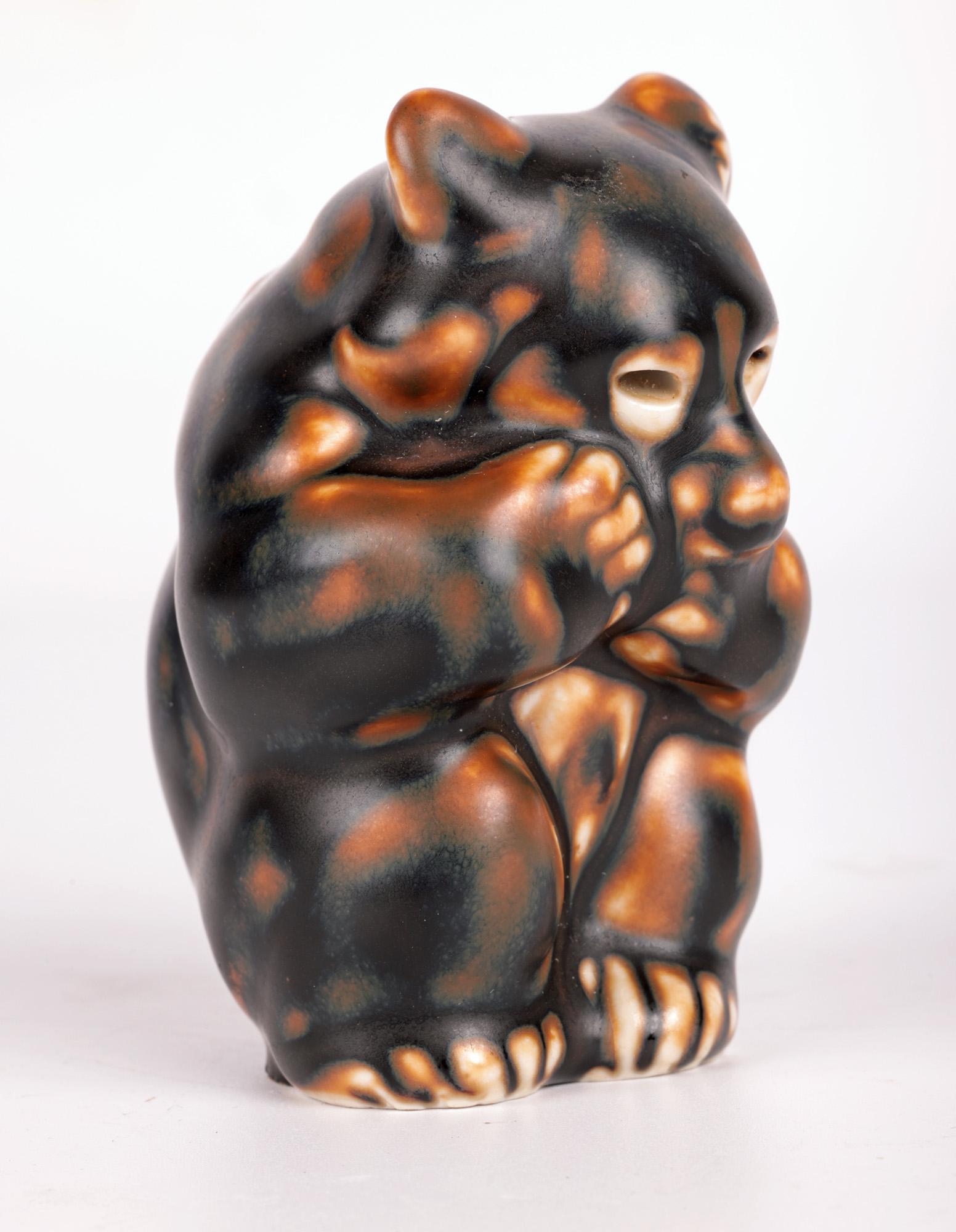 Glazed Knud Kyhn Royal Copenhagen Porcelain Seated Bear Figure  For Sale