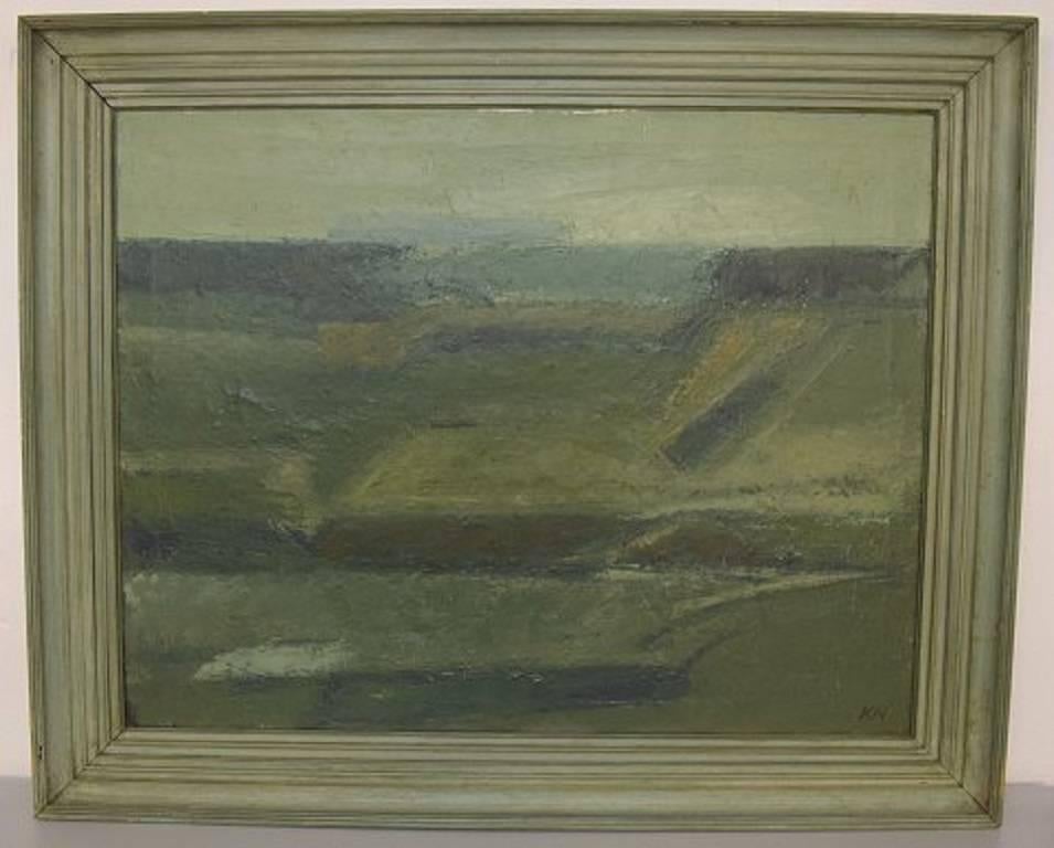 Knud Nedergaard modernist landscape. Oil on canvas.
Signed KN. 1970s.
Measures: 90 cm. x 70 cm. The frame measures 10 cm.
In very good condition.