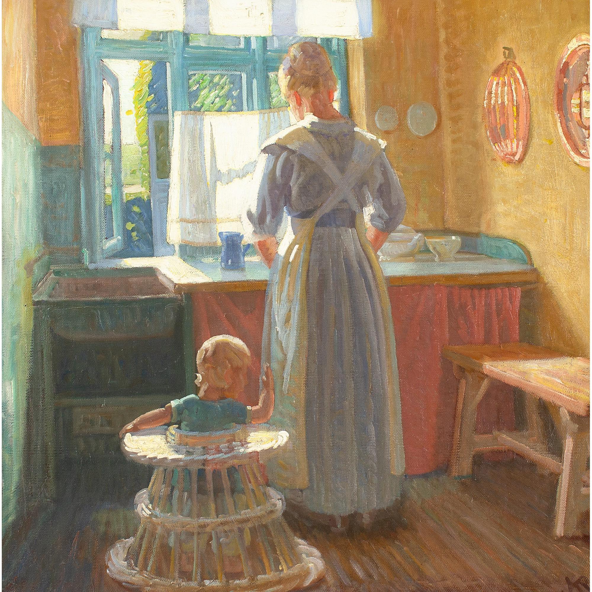 Knud Sinding, Kitchen Interior With Mother & Child, Oil Painting  1