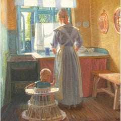 Knud Sinding, Kitchen Interior With Mother & Child, Oil Painting