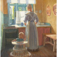 Knud Sinding, Kitchen Interior With Mother & Child, Oil Painting