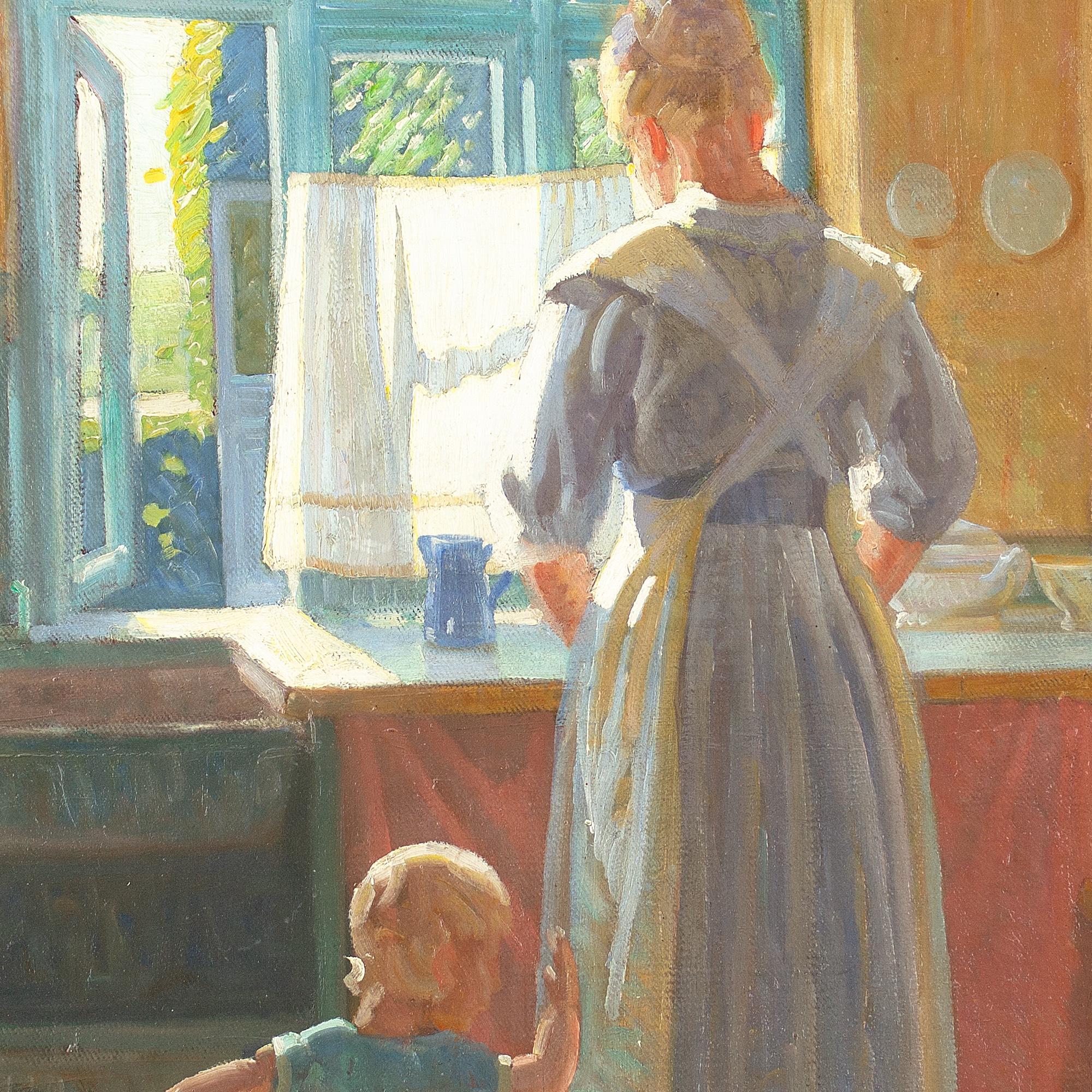 Knud Sinding, Kitchen Interior With Mother & Child, Oil Painting  3