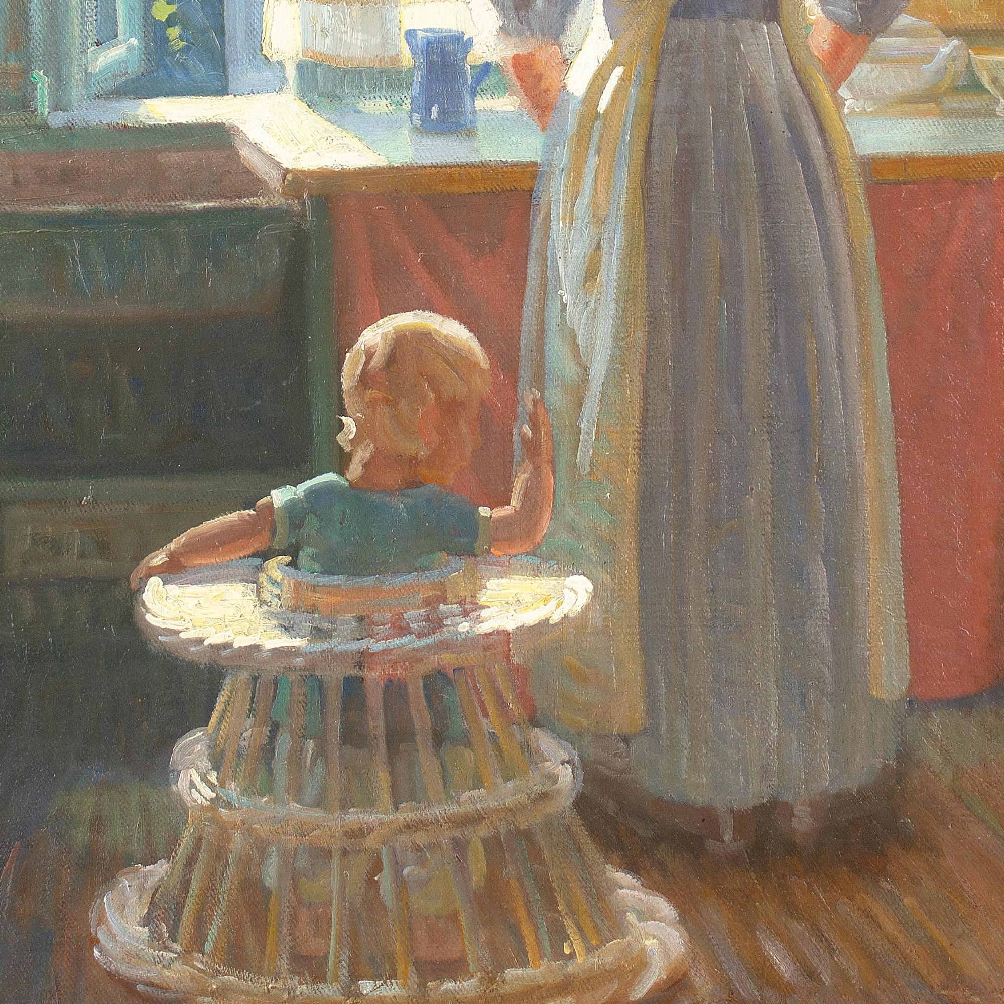 Knud Sinding, Kitchen Interior With Mother & Child, Oil Painting  For Sale 4