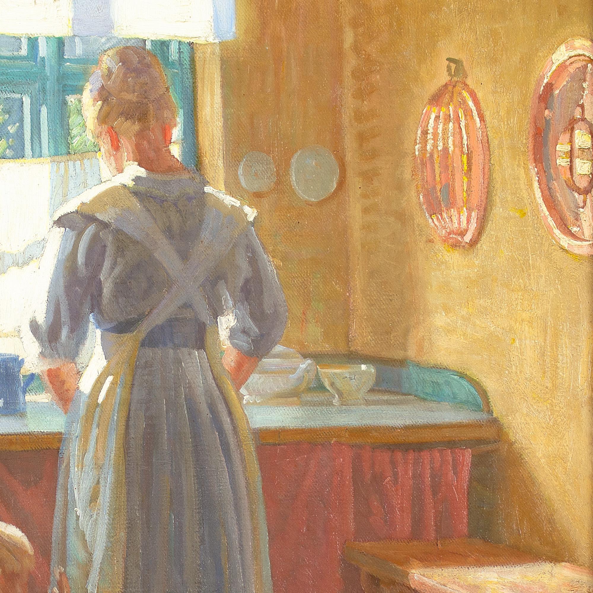 Knud Sinding, Kitchen Interior With Mother & Child, Oil Painting  5