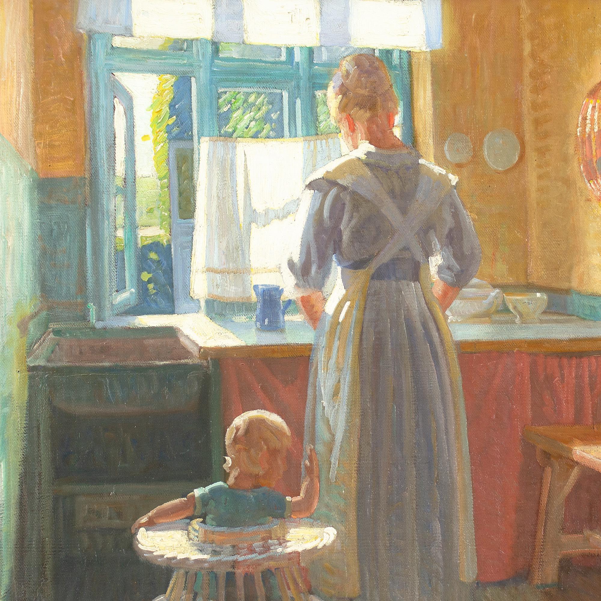Knud Sinding, Kitchen Interior With Mother & Child, Oil Painting  For Sale 6