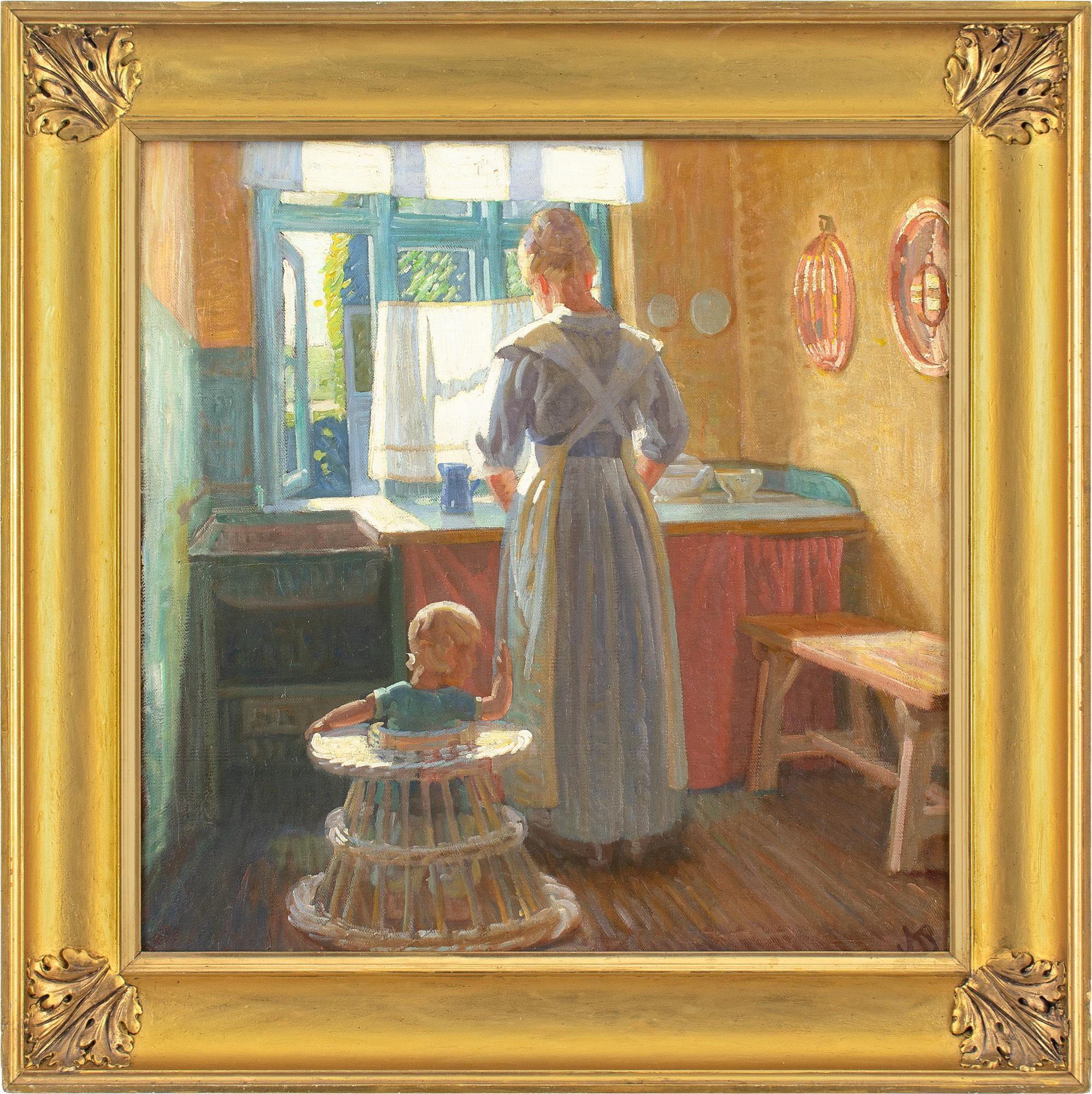 This charming early-20th-century oil painting by Danish artist Knud Sinding (1898-1947) depicts a kitchen interior with mother and child.

A gentle breeze passes through the kitchen window. The room partially illuminated by a crisp glow. Looking
