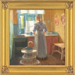 Antique Knud Sinding, Kitchen Interior With Mother & Child, Oil Painting 