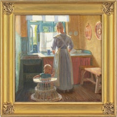 Peinture à l'huilenud Sinding, intérieur de cuisine avec mère et enfant 