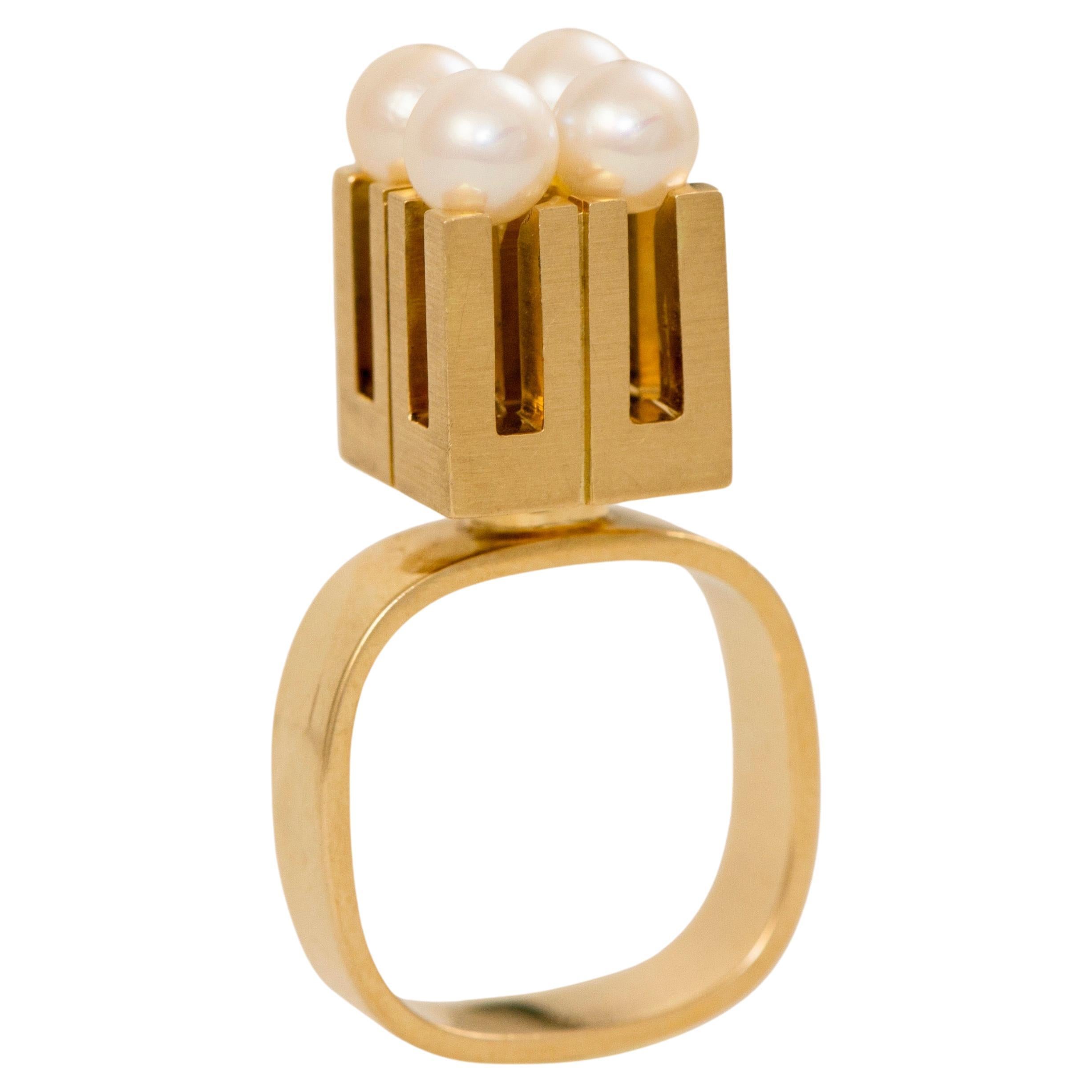 Modernist Knud Vilhelm Anderson Pearl and Yellow Gold Ring circa 1970 For Sale