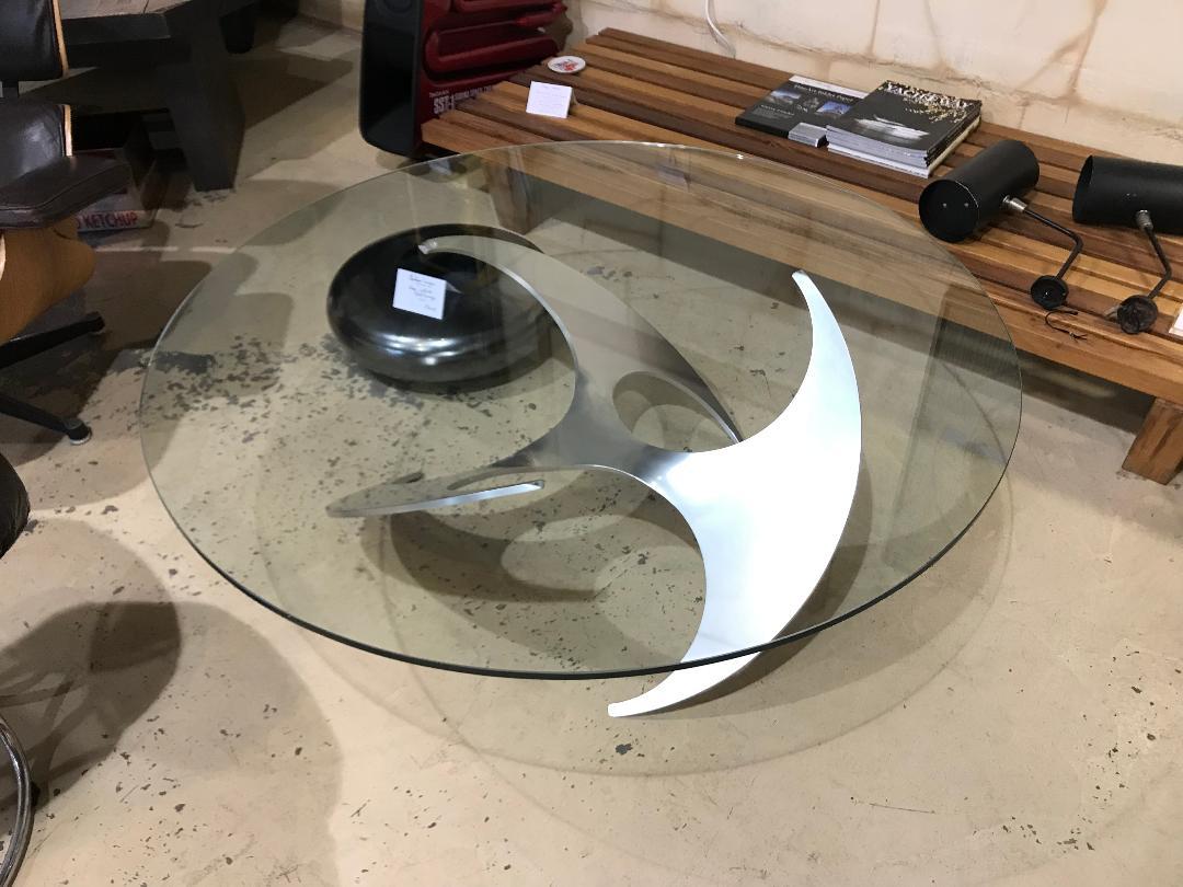 Knut Hesterberg coffee table
stainless foot and glass,
circa 1974
Measures: 120 x 47 cms
rare and beautiful condition.