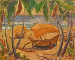 Beach in Ceylon, Today Sri Lanka by Knut Lundström with locals and fishing boats