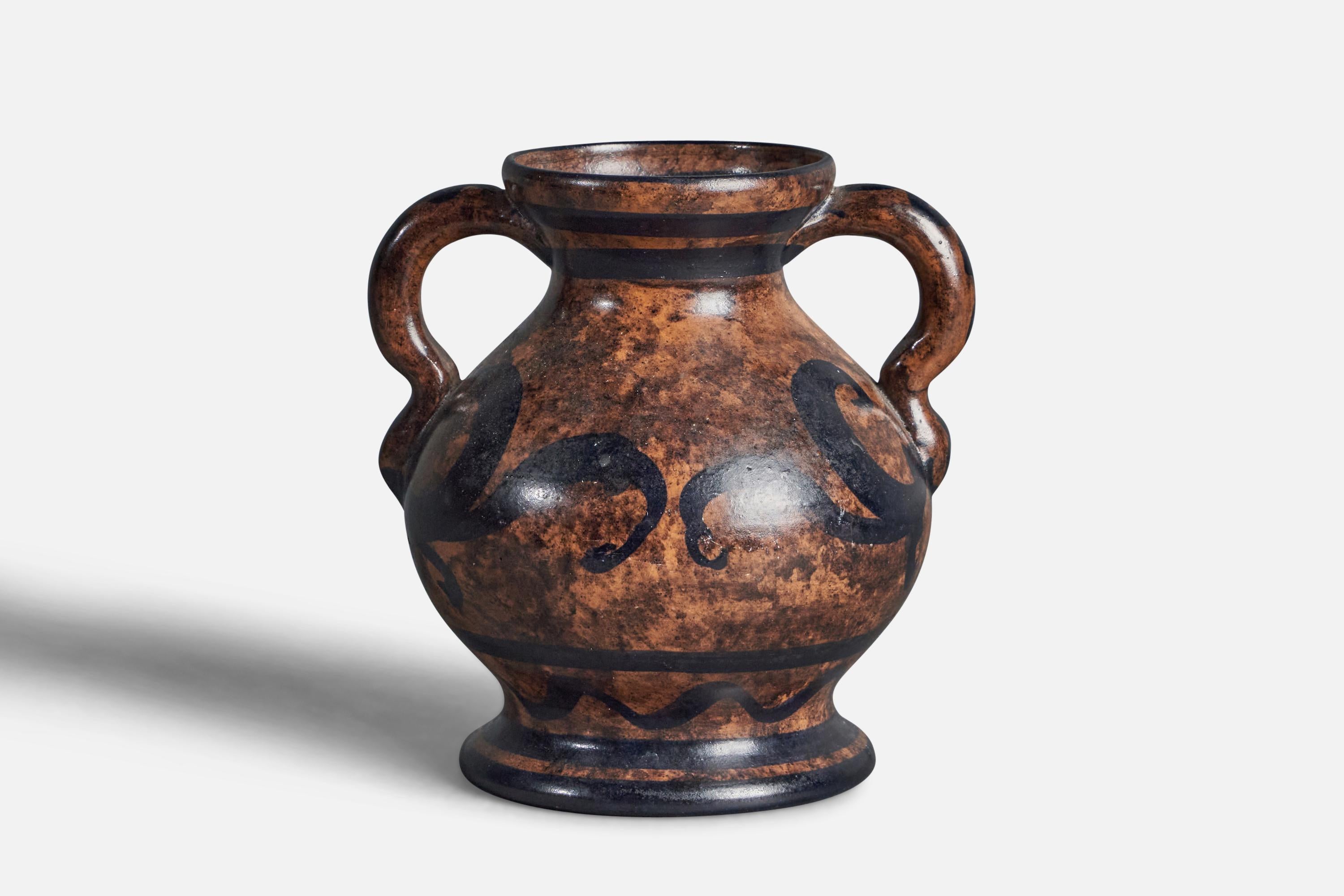 A brown-glazed and hand-painted earthenware vase designed by Knut Momqvist and produced by Nittsjö, Sweden, c. 1930s.