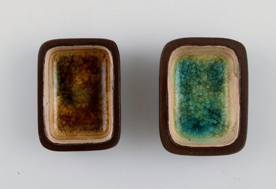 Scandinavian Modern Knut Paul, Seven Small Bowls in Glazed Stoneware, Beautiful Polychrome Glaze For Sale