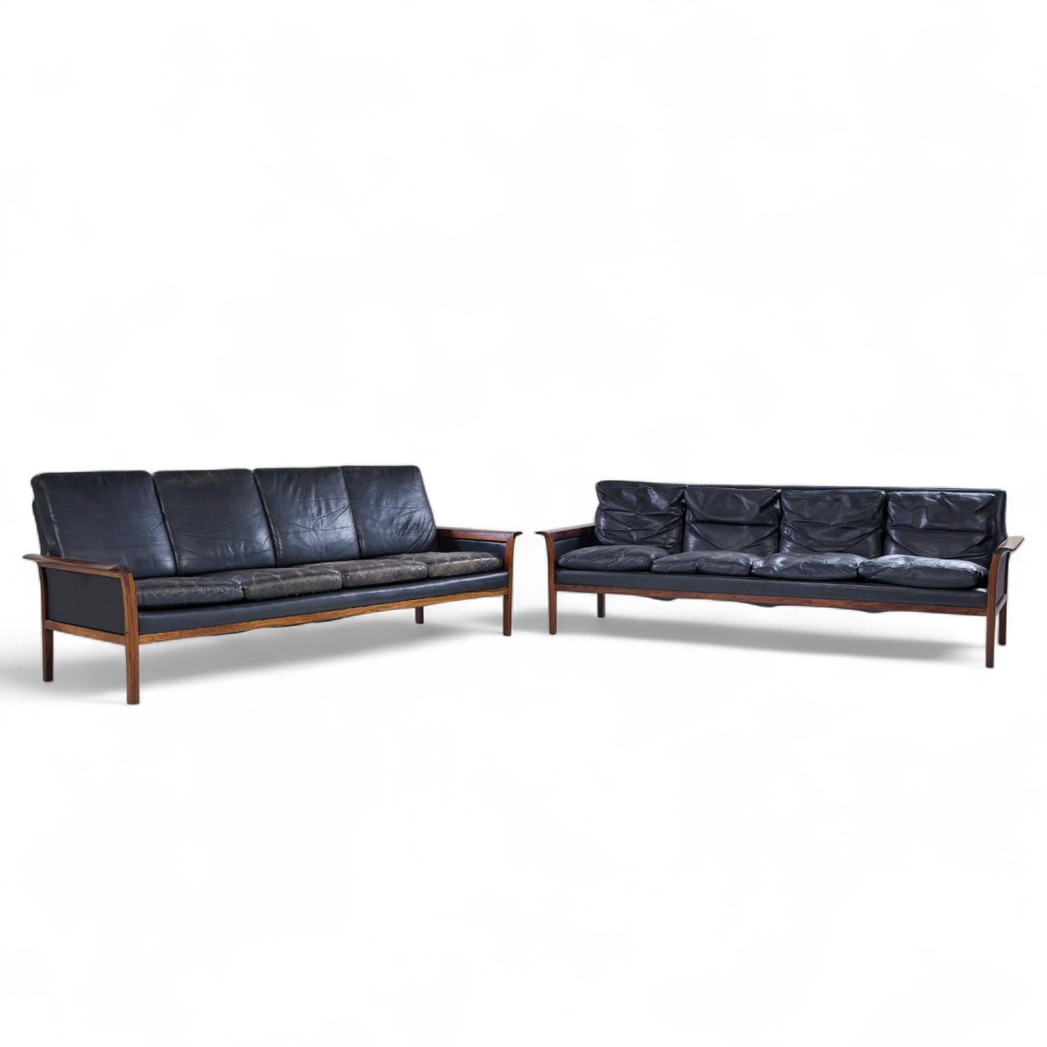Knut Saeter for Vatne Møbler Mid Century Norwegian Rosewood and Leather Sofa - Pair

Each sofa measures: 87 wide x 29.5 deep x 28.75 inches high, with a seat height of 16 and arm height of 20 inches

Good Vintage Condition - Gentle Wear on Leather.