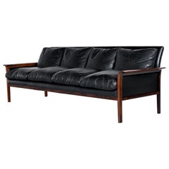 Knut Saeter for Vatne Mobler Black Leather and Rosewood Four-Seat Sofa Couch