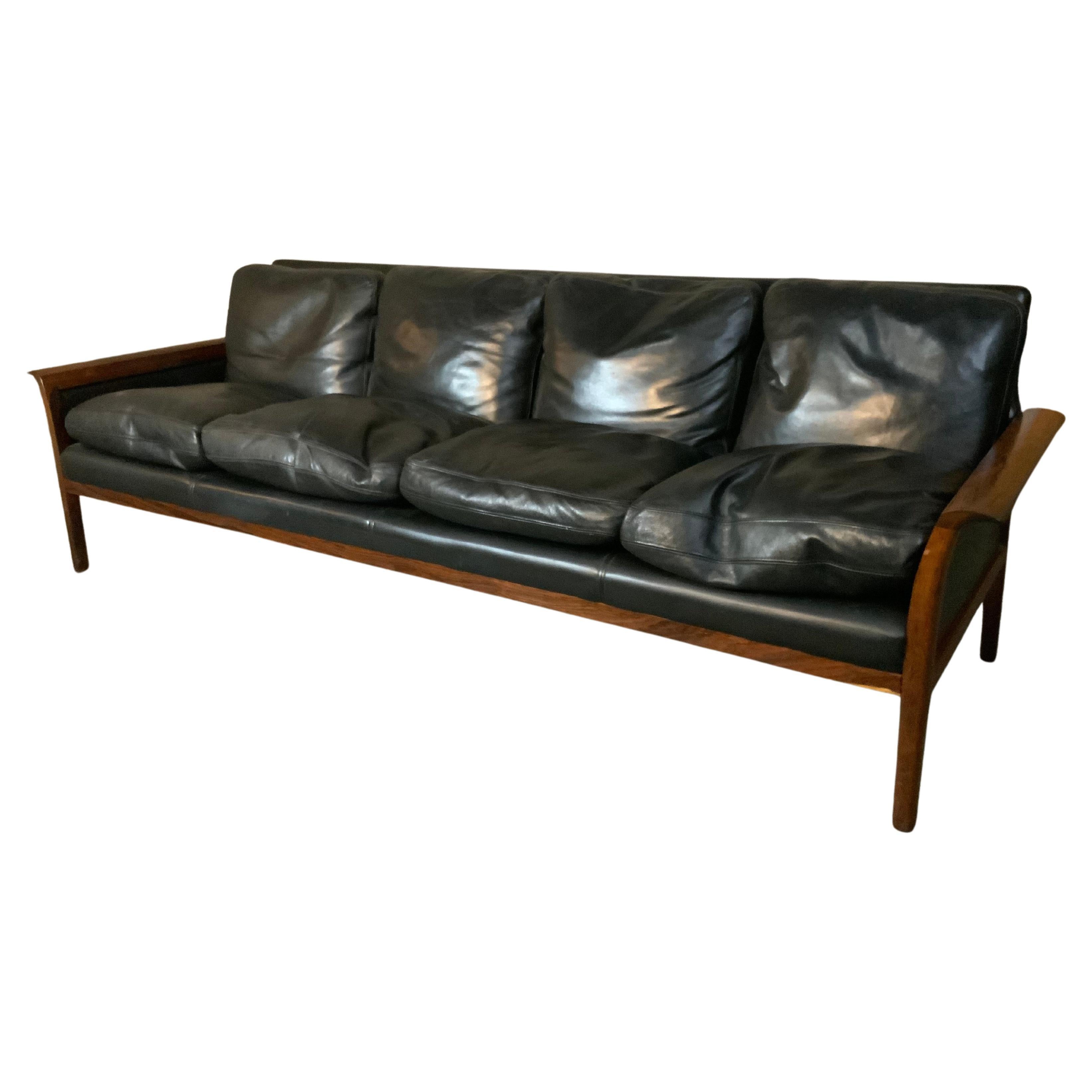 Knut Saeter for Vatne Mobler Black Leather and Rosewood Four-Seat Sofa Couch