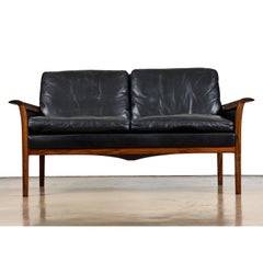 Knut Saeter for Vatne Mobler Black Leather and Rosewood Settee Sofa Couch