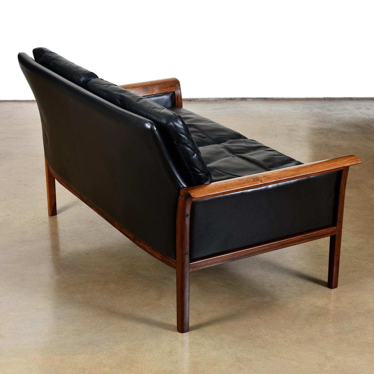 Mid-Century Modern Knut Saeter for Vatne Mobler Black Leather and Rosewood Settee Sofa Couch