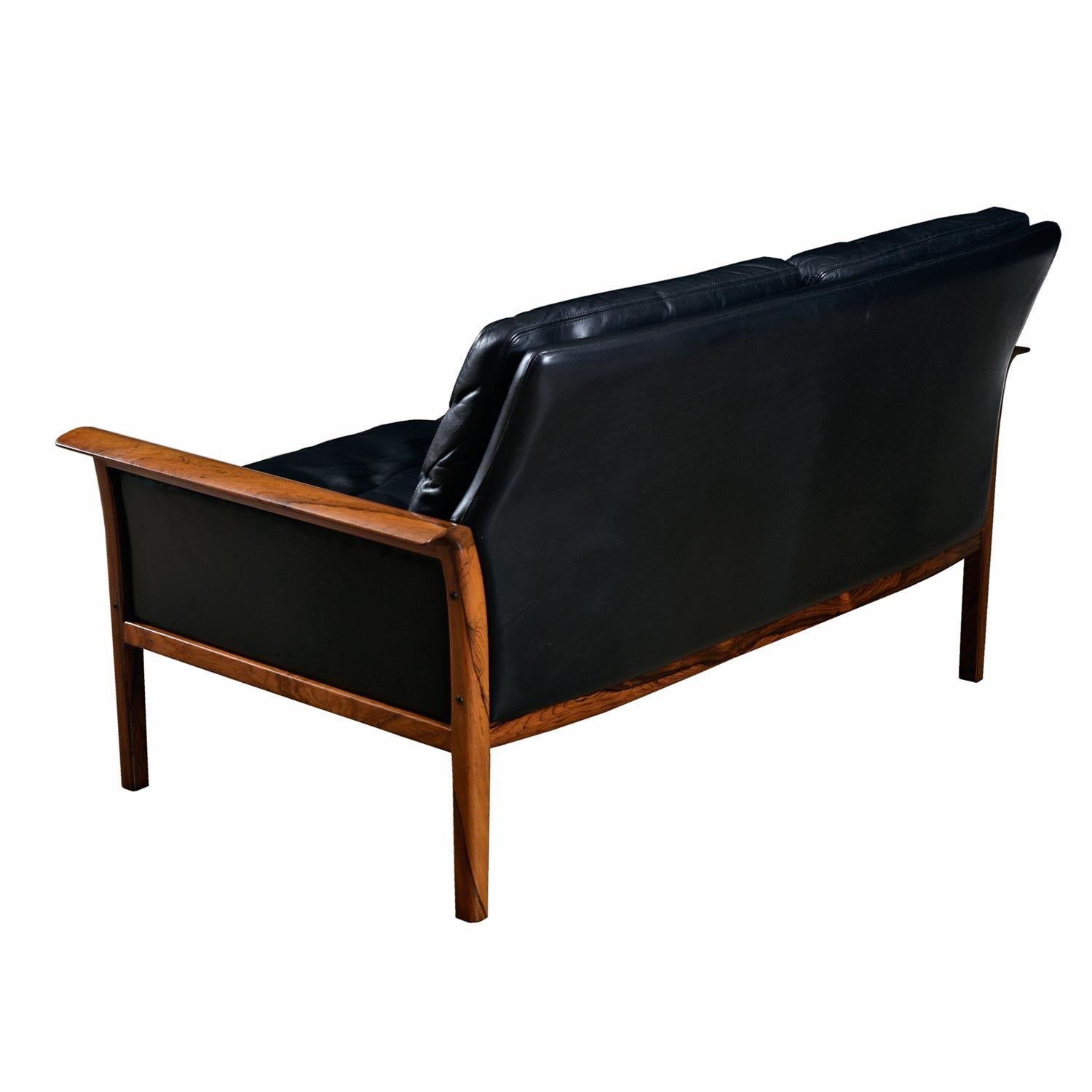 Norwegian Knut Saeter for Vatne Mobler Black Leather and Rosewood Settee Sofa Couch