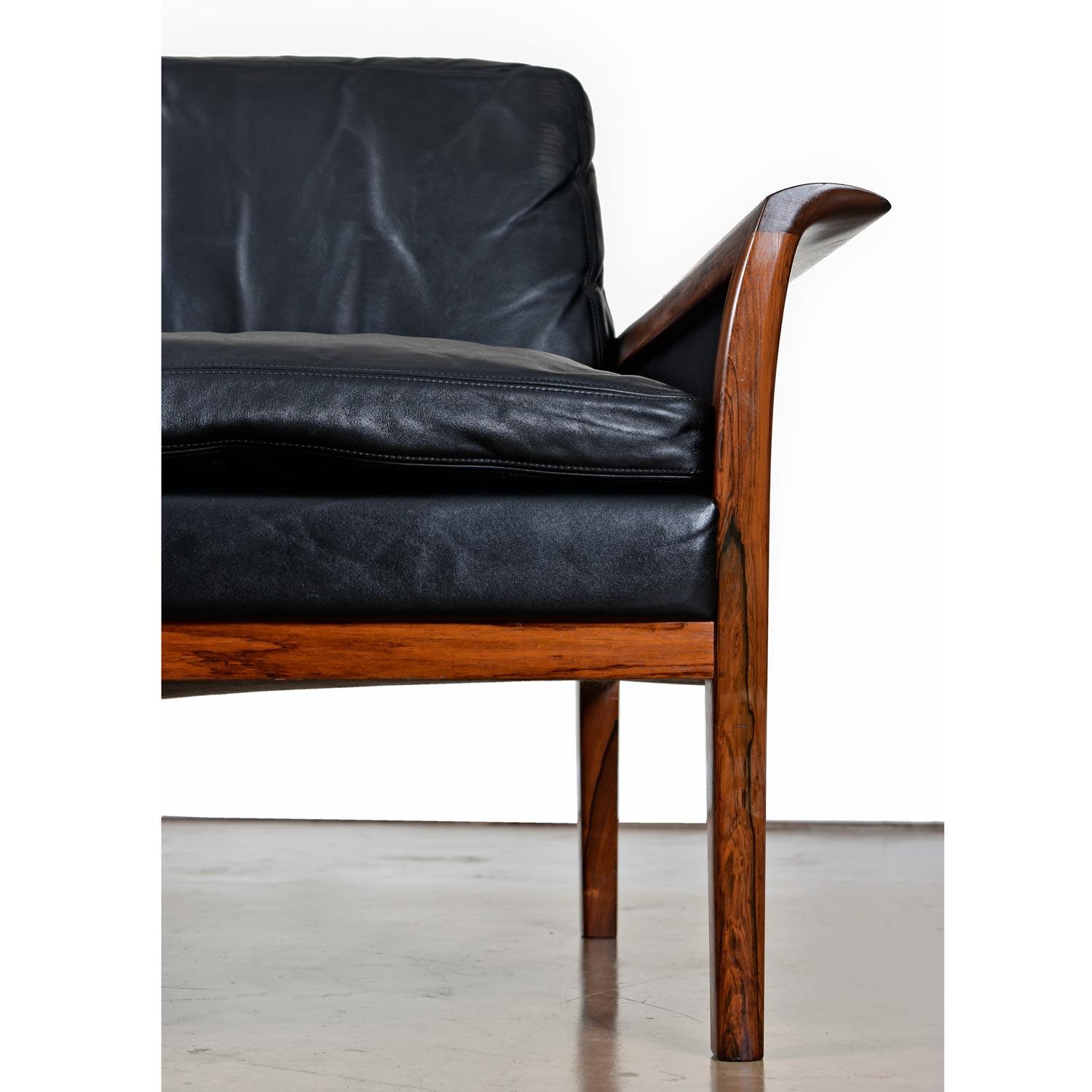 Knut Saeter for Vatne Mobler Black Leather and Rosewood Settee Sofa Couch 3
