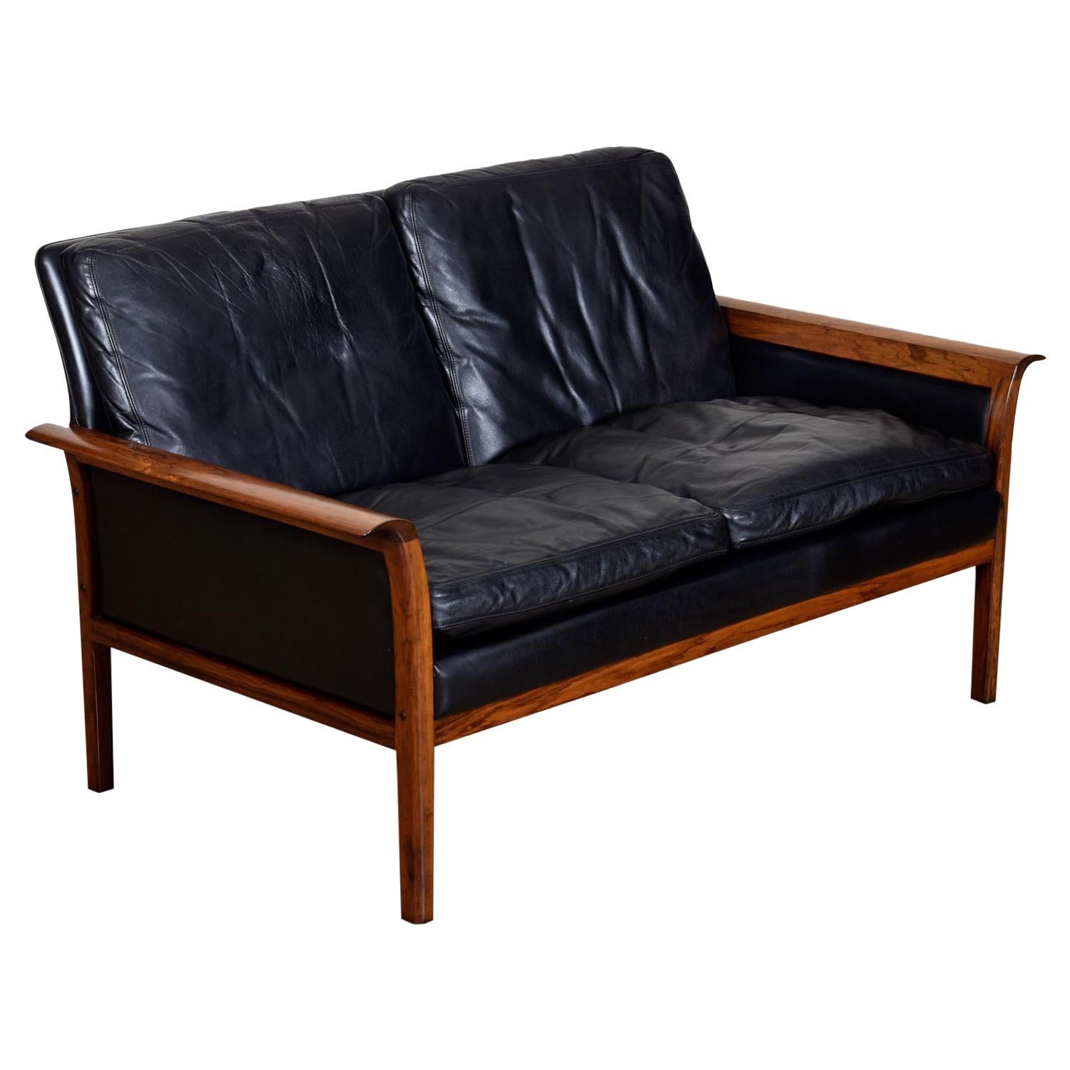 Knut Saeter for Vatne Mobler Black Leather and Rosewood Settee Sofa Couch