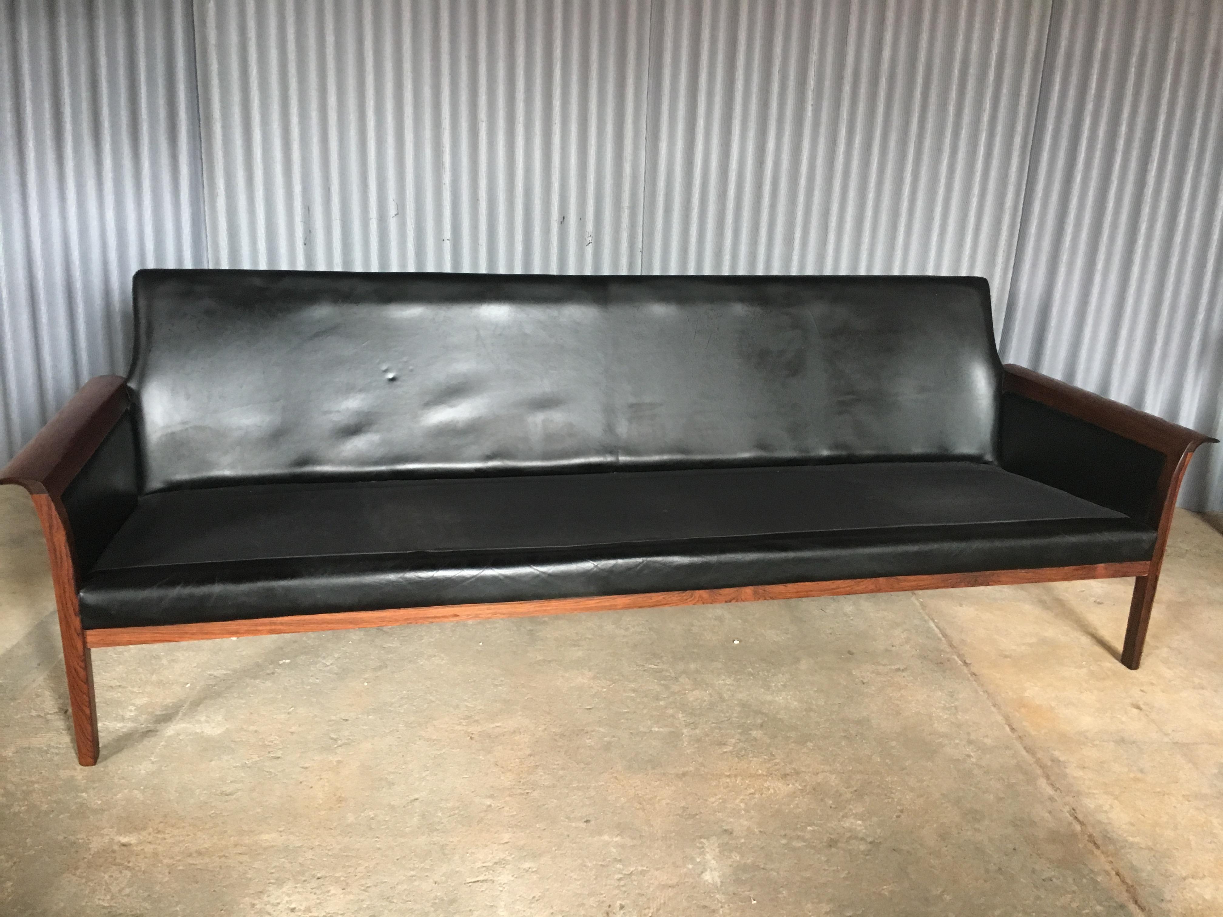 Mid-Century Modern Knut Saeter for Vatne Mobler Leather and Rosewood Four Seater Sofa