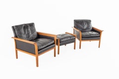 Knut Sæter for Vatne Mobler MCM Teak and Black Leather Chair and Ottoman Set
