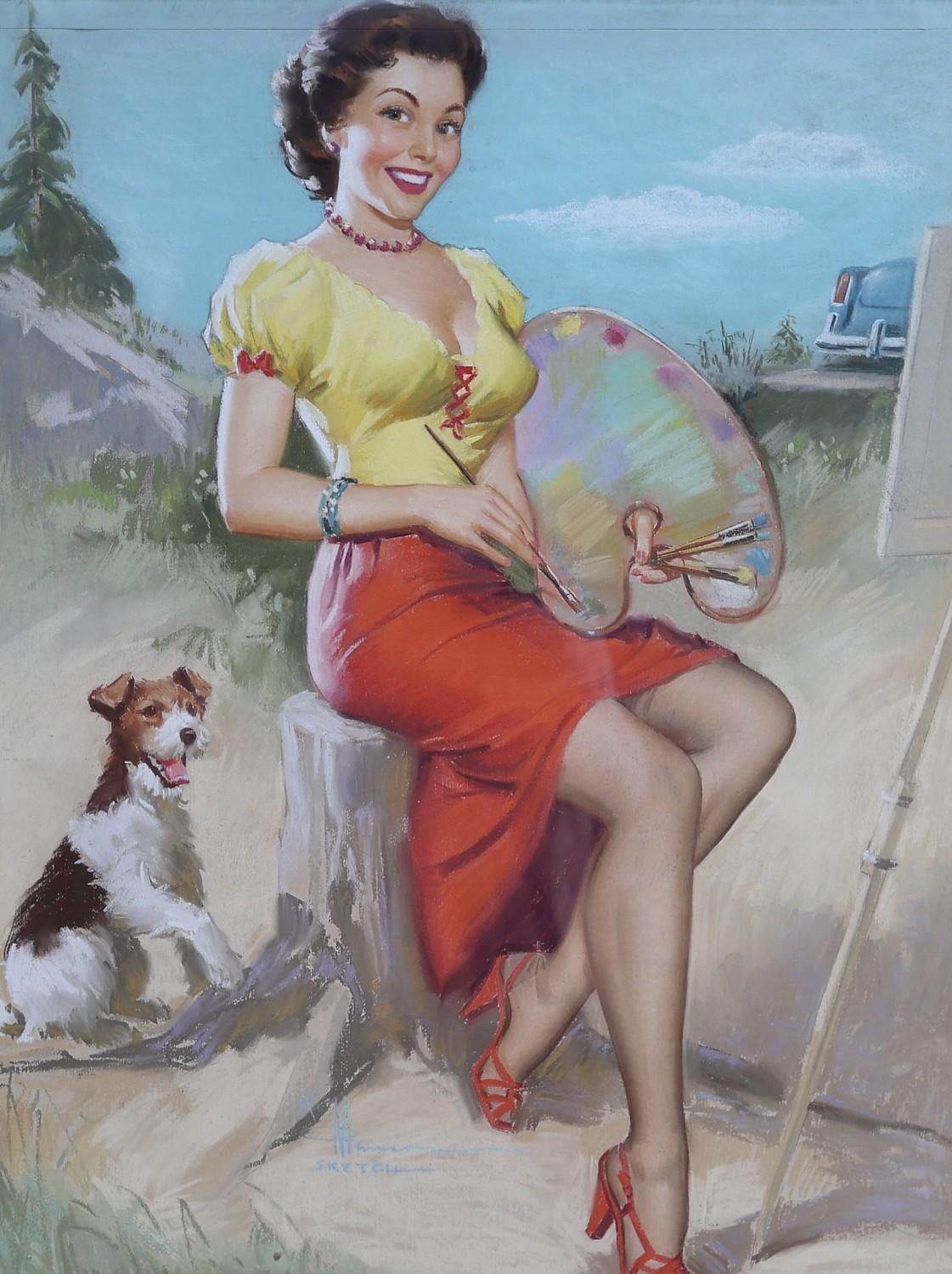 Knute O. Munson Figurative Painting - The Model as an Artist, Shaw-Barton Pin-up calendar illustration