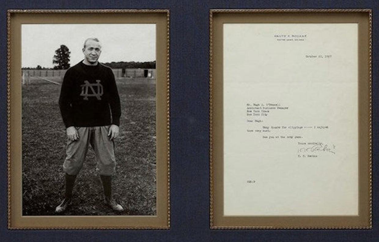 Presented is a typed letter signed by one of the greatest football coaches of all time, Knute Rockne. The letter is typed on Rockne’s personal letterhead, written while coaching the Fighting Irish in Notre Dame, Indiana. It is dated October 20, 1927