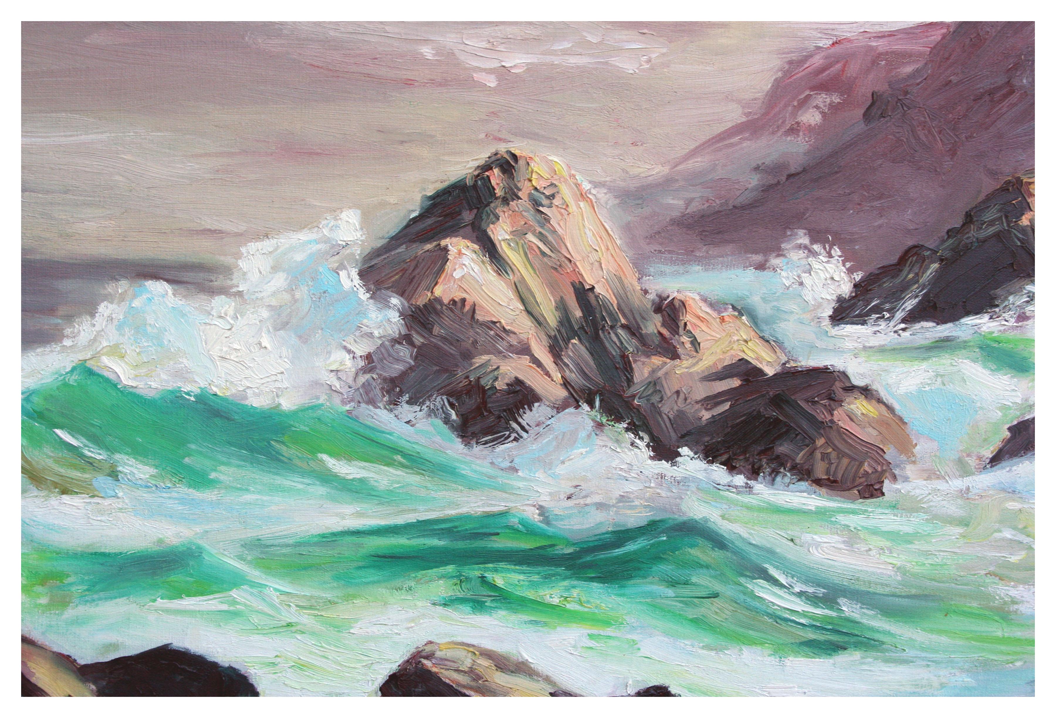 California Coastal Waves Seascape Original Oil on Canvas - Impressionnisme américain Painting par K.O. Buck