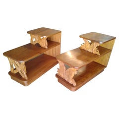 Pair of 2 Tiered Hand Carved Koa Wood End Tables Tiki 