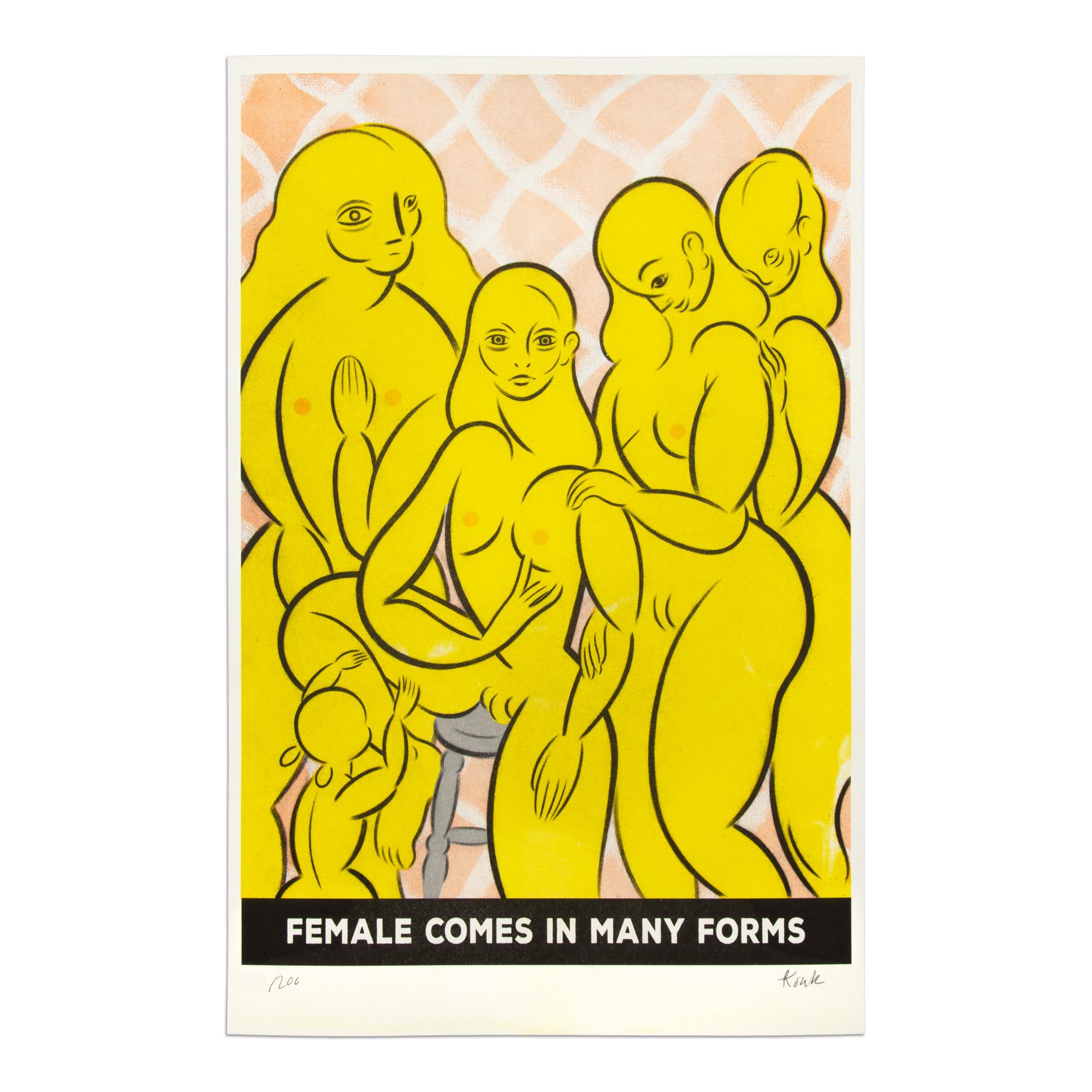 Koak (US American, b. 1981)
Female Comes In Many Forms, 2019
Medium: Five color risograph print
Dimensions: 43 x 28 cm (17 x 11 in)
Edition of 200: Hand numbered and signed
Condition: Mint