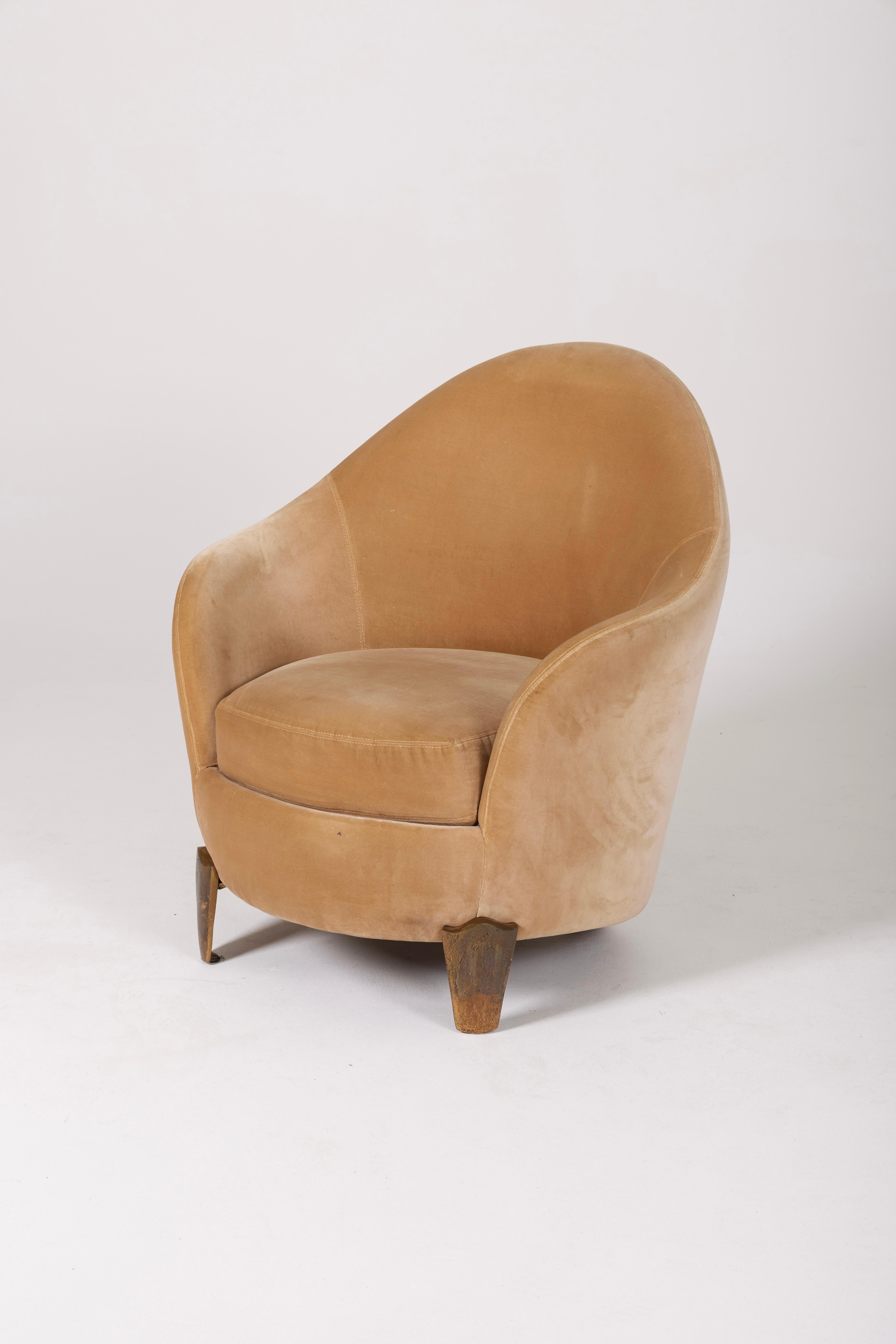 Koala armchair by designers Elizabeth Garouste and Mattia Bonetti from the 1990s. Gilded bronze base, wooden frame upholstered in gold velvet. Stamped 