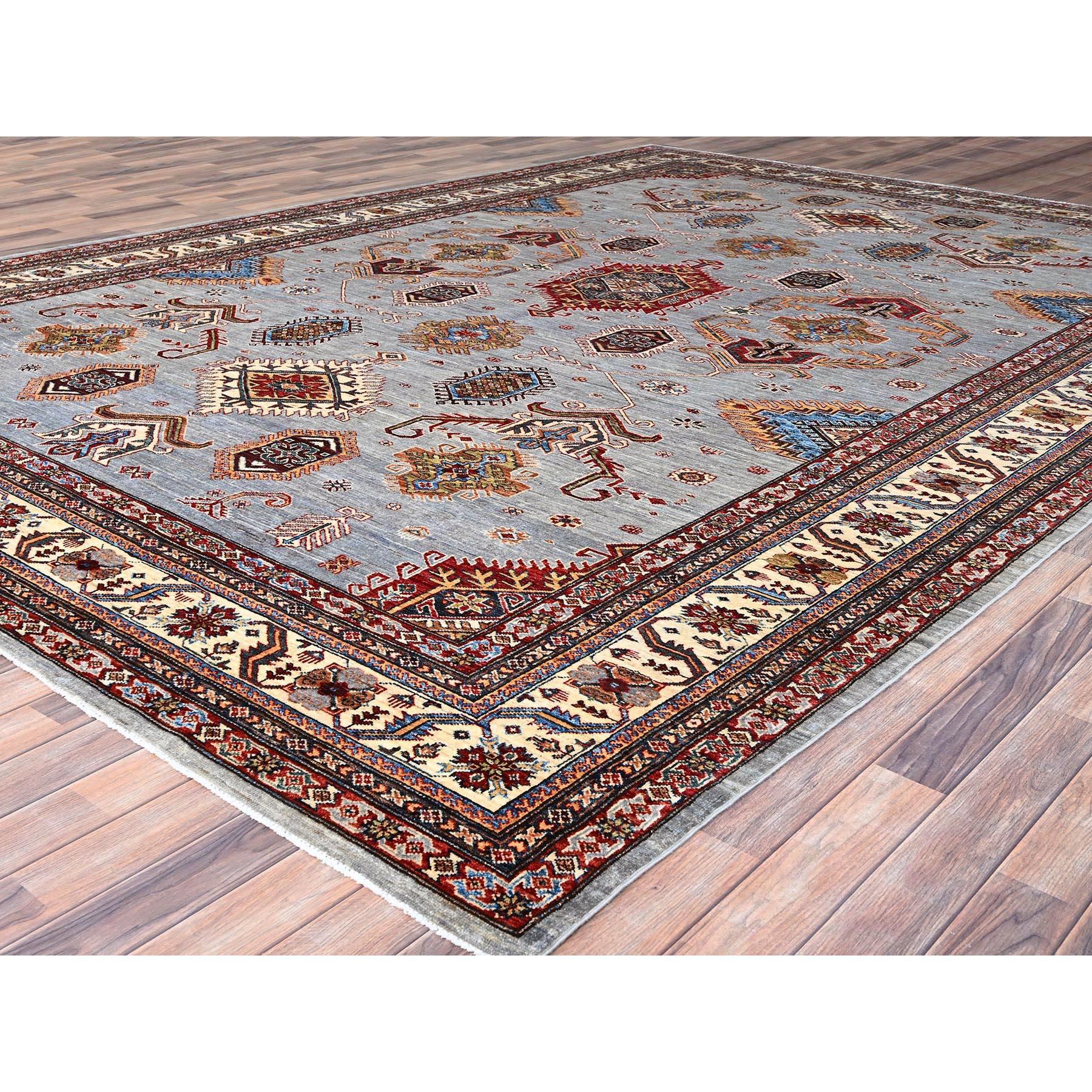 Kazakh Tapis oriental gris afghan super Kazak noué à la main 10'2