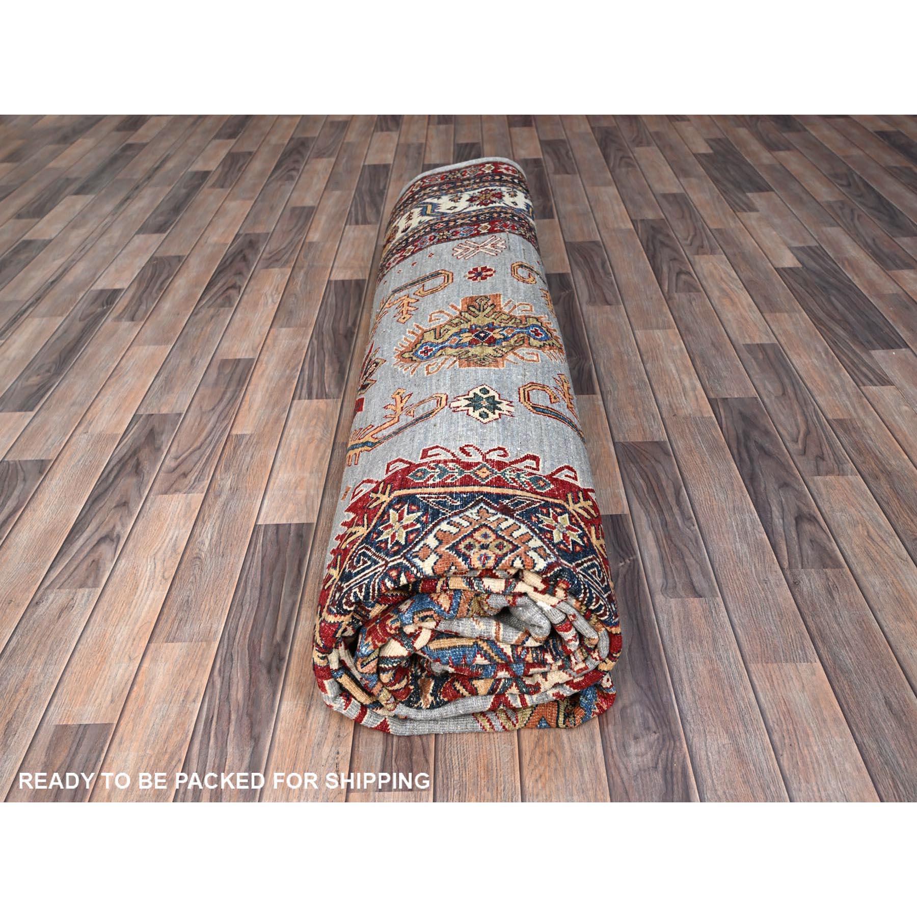 Tapis oriental gris afghan super Kazak noué à la main 10'2