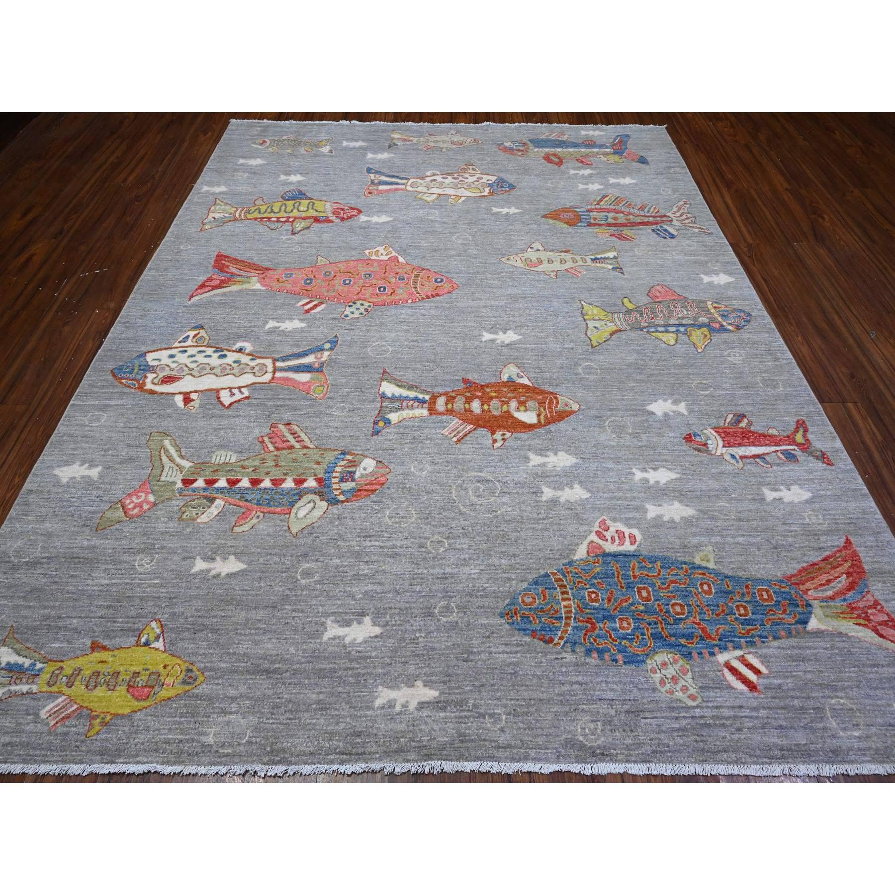 Modern Koala Gray Hand Knotted Wool Afghan Peshawar Oceanic Fish Design Oriental Rug For Sale