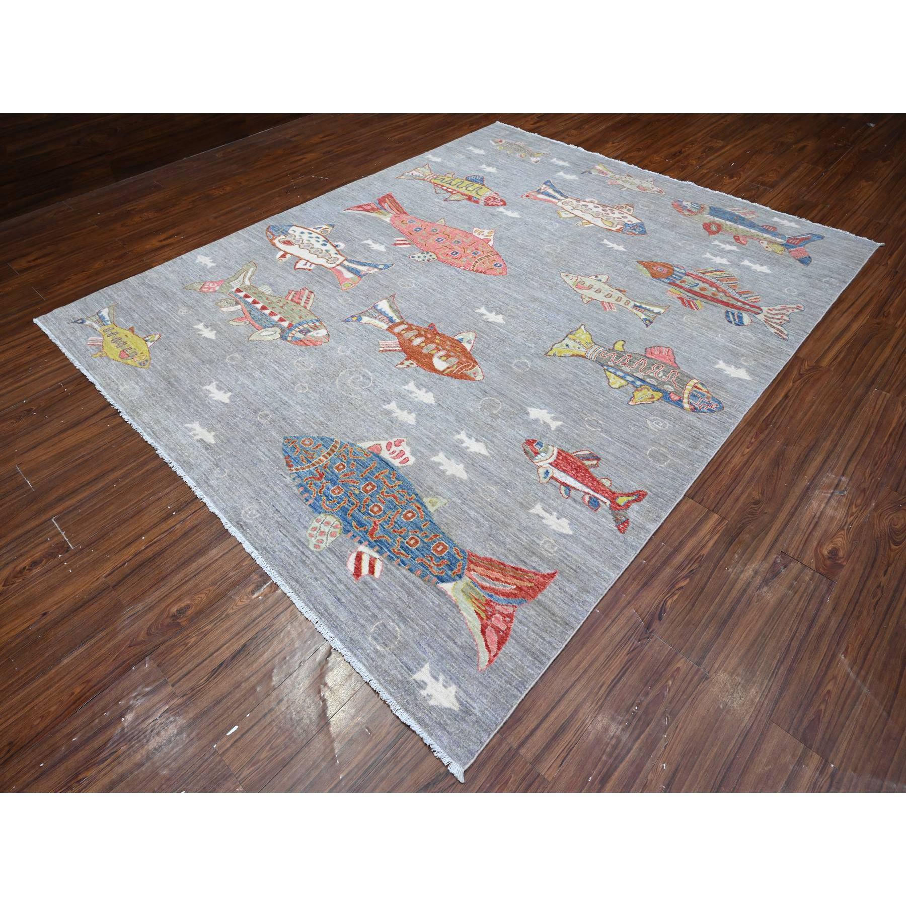 Hand-Knotted Koala Gray Hand Knotted Wool Afghan Peshawar Oceanic Fish Design Oriental Rug For Sale