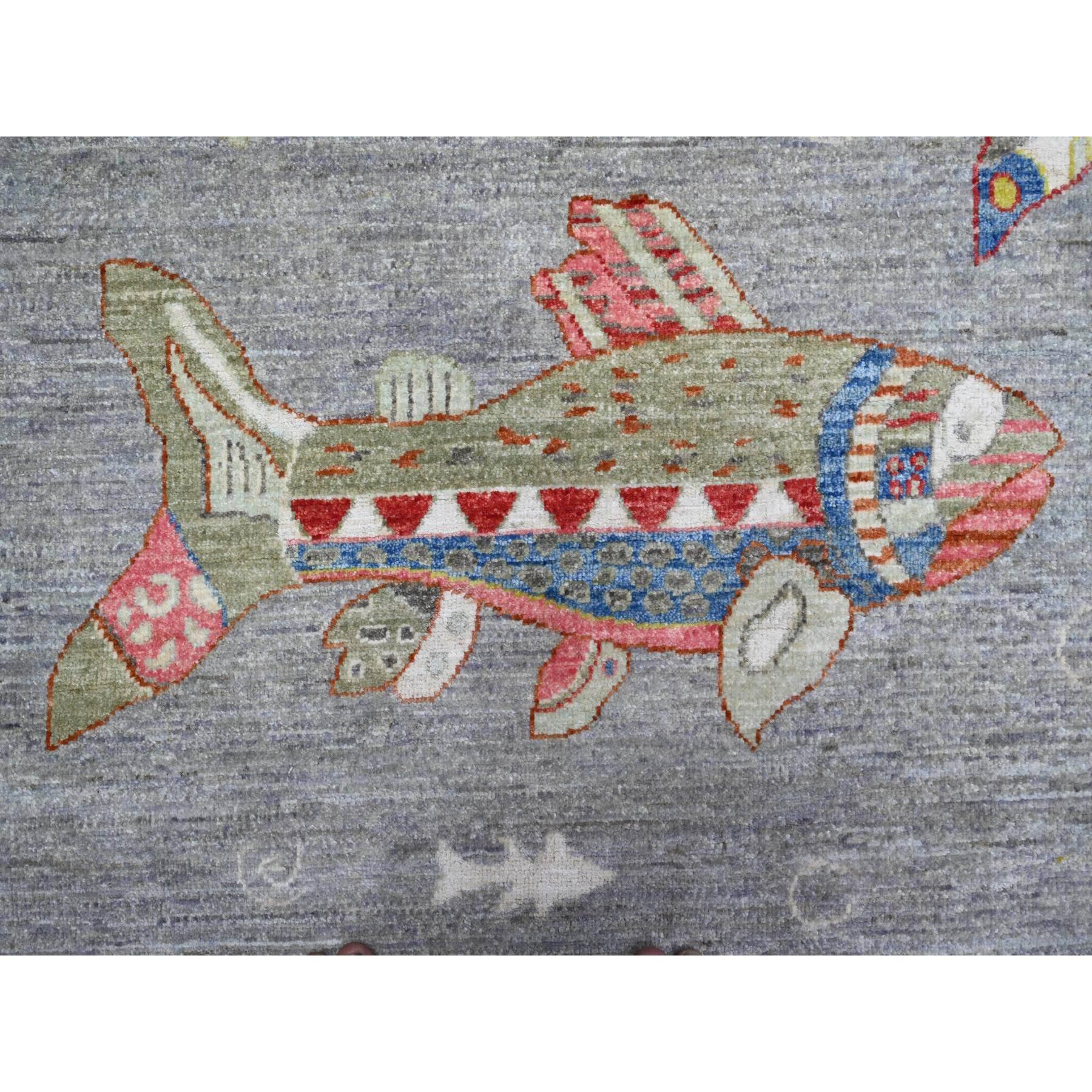 Koala Gray Hand Knotted Wool Afghan Peshawar Oceanic Fish Design Oriental Rug For Sale 3