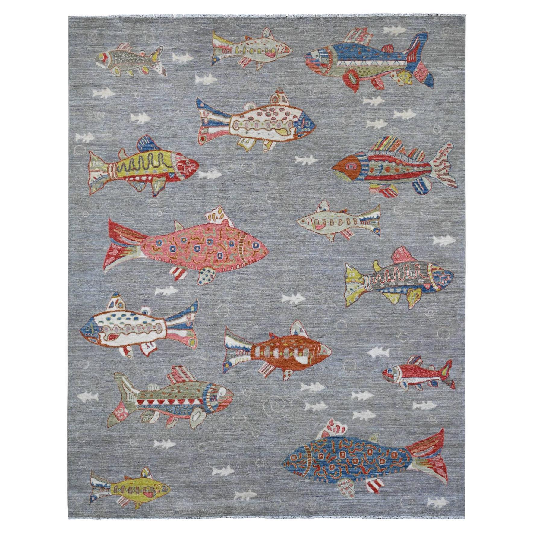 Koala Gray Hand Knotted Wool Afghan Peshawar Oceanic Fish Design Oriental Rug For Sale