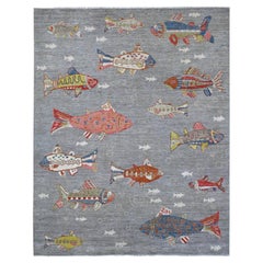 Koala Grau Handgeknüpft Wolle Afghan Peshawar Oceanic Fish Design Orientteppich