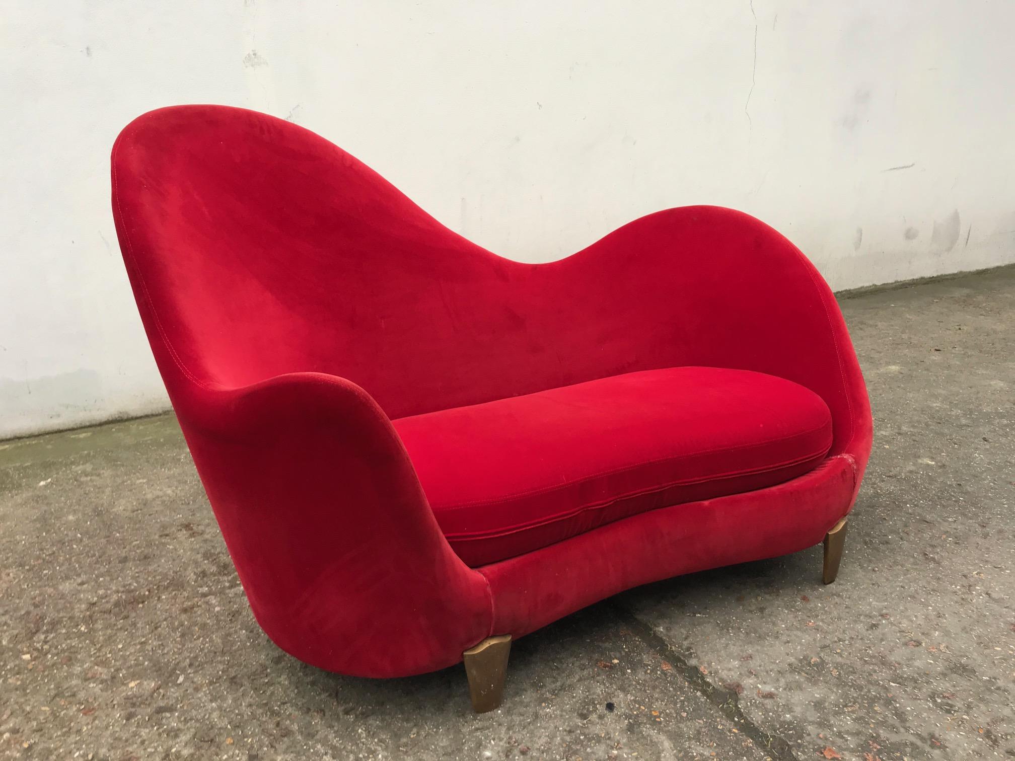 Sofa by Garouste & Bonetti, Koala design with bronze feet and red velvet, ready to be reupholstered.
 