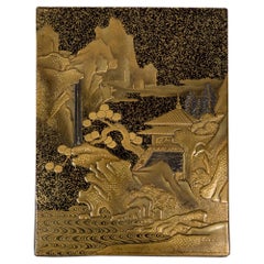 Kobako in black and gold lacquer decorated of a pavillion by a lake