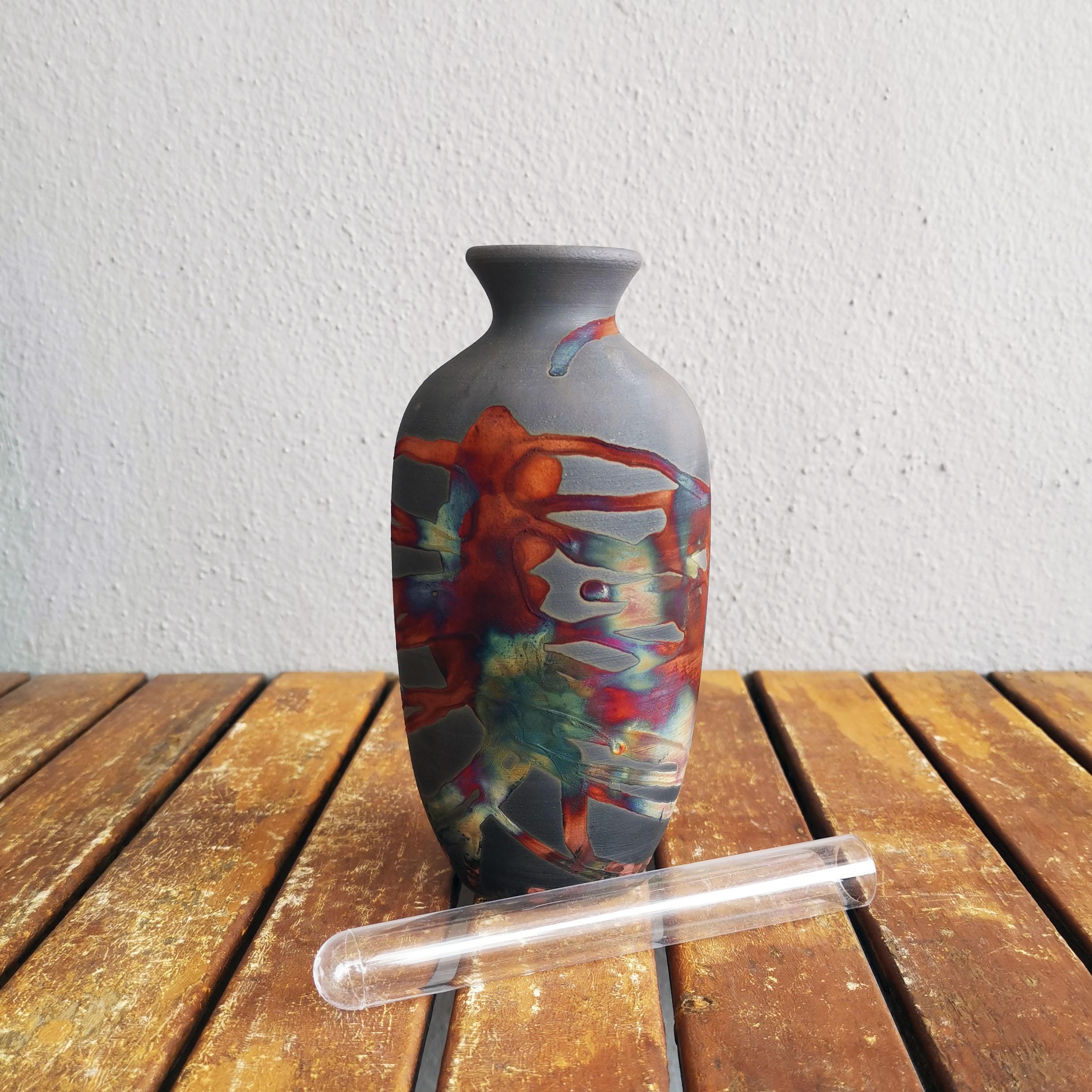 Modern Koban 2 Pack Raku Pottery Vase with Water Tube - Half Copper Matte - Handmade For Sale